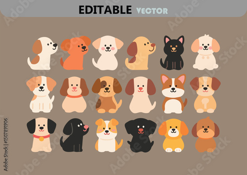 Collection of Cute Cartoon Dog Characters in Various Breeds and Colors Perfect for Children s Illustrations Stickers or Graphic Design Projects Vector Illustration