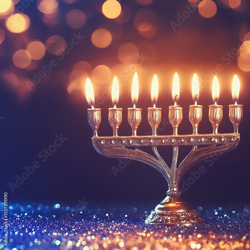 A nine-branched candelabra with lit candles.