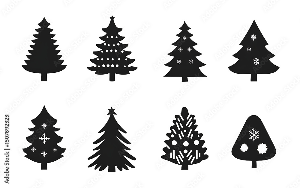 Obraz premium Black and white christmas tree silhouettes featuring various decorations and star embellishments.