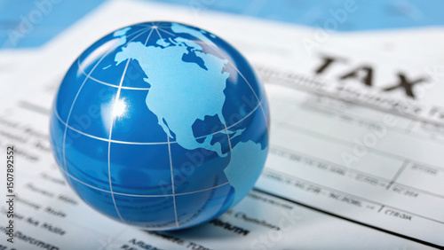 Close-up of globe with overlay of tax document, symbolizing international tax deal compliance, global economic regulation, and cross-border financial governance concepts