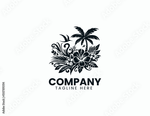 Stylish Hawaiian Flowers and Palm Trees Illustration Vector Logo Design
