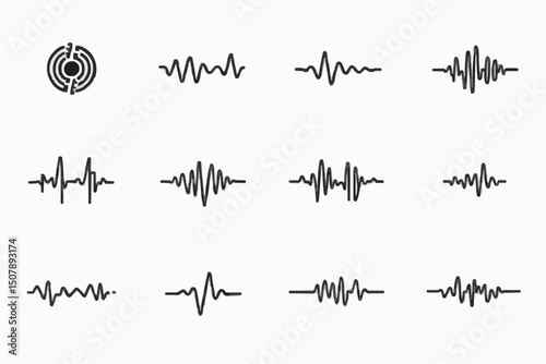 Minimalist waveform icons set, featuring various black sound wave patterns and a circular sound symbol. Perfect for audio, music, or tech designs, these simple yet sleek graphics add a modern touch to