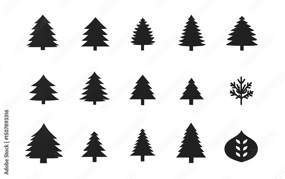Fototapeta premium Set of black silhouetted christmas trees and other decorative elements on white background