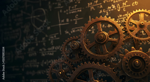 Golden Gears Interlock Against Chalkboard Covered in Complex Mathematical Equations Illustrating Engineering and Mechanical Concepts