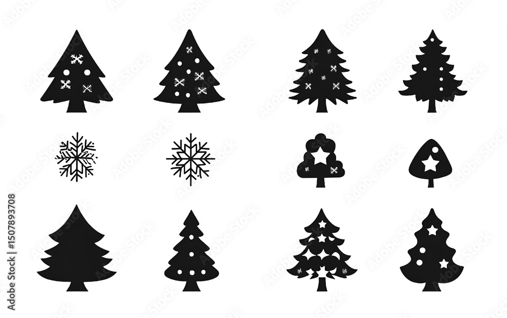 Obraz premium Simple black silhouettes of christmas trees and snowflakes hanging on white background