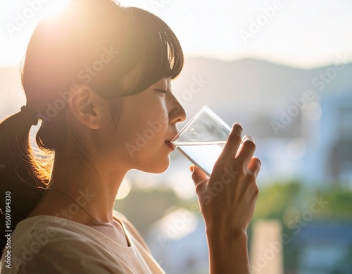 朝日を浴びながら水を飲む女性の健康的な習慣
