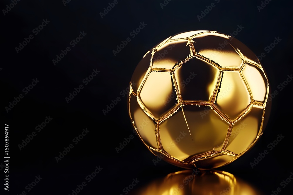 Naklejka premium Luxurious shiny golden soccer ball against a dark black background with elegant reflections