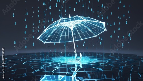 Futuristic digital umbrella protecting from digital rain in a virtual world