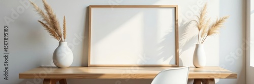 Elegant home office setup Empty picture frame on wooden desk, white vase, dry grass, Scandinavian style chair , Scandinavian, space