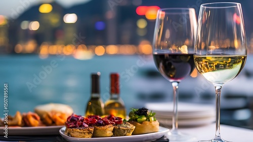 Wine and appetizers enjoyed by the water at dusk.