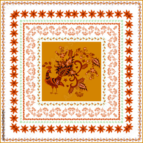 Fairy bird on golden background and decorative borders with  leaves, tiny flowers and hearts on white. Natural pattern. Beautiful boho print on fabric for cushion, carpet, doily.