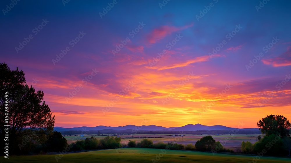 Obraz premium Panoramic view of sunset illuminating serene countryside landscape