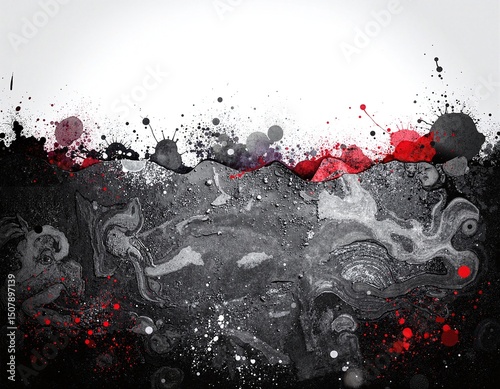 A striking black and white background features bold splashes of vibrant red paint, creating a dynamic contrast that draws the eye and evokes emotion.