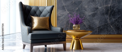 luxurious glitzy concept. Stylish armchair with a gold side table and decorative pillow in a modern interior design setting.