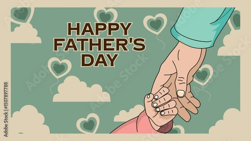 A looping 4K animation for Father's Day. A child’s hand gently holds their dad’s hand, symbolizing trust and love, with heart-shaped clouds floating in a calm, pastel sky.