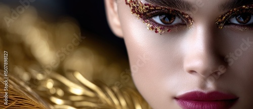 luxurious glitzy concept. Glamorous close-up of a model with shimmering makeup and golden accents.