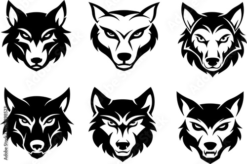 wolf head icon set, Flat silhouette with geometric detail, perfect for tattoos, prints, or logos.

