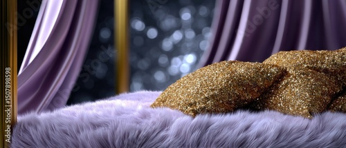 luxurious glitzy concept. Luxurious bedding with purple curtains and a shimmering background.