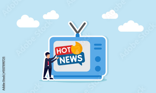 Businessman holding a hot news sign near a television illustration of breaking news or important news during prime time