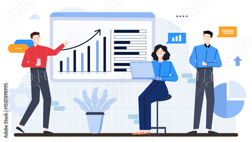 Three individuals having a conversation and analyzing a graph on a laptop; ideal for business presentations or teamwork concepts.
