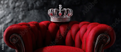 luxurious glitzy concept. Luxurious red chair topped with a silver crown against a dark textured backdrop.
