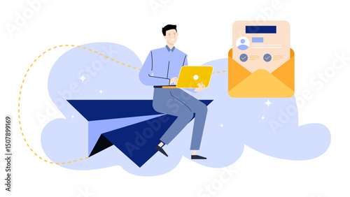 Man multitasking flying paper airplane and emailing on laptop. Suitable for business, communication, technology, innovation, creativity themed designs, presentations.