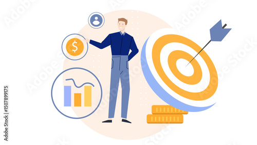 Man standing next to a target with an arrow in it. Suitable for business success, goal achievement, archery, motivation, determination concepts.