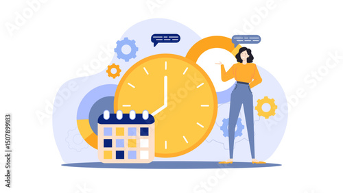 Woman next to clock, calendar, and gears, symbolizing time management and productivity, suitable for business and time management concepts.