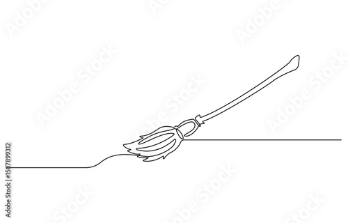 Witch broom Continuous one line drawing, flying broom Halloween spooky concept one line art vector illustration.