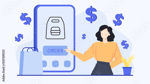 Woman pointing to phone with order button for ecommerce or online shopping related concepts. Suitable for websites, social media, and advertisements.