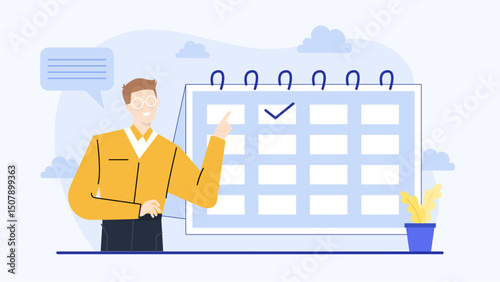 Man pointing to a calendar with a checkmark on it. Great for business, scheduling, time management, planning, appointments, organization concepts.