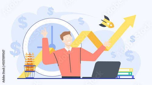 Man pointing at yellow arrow and using laptop, folders in front of him. Suitable for business growth concepts and presentation materials.