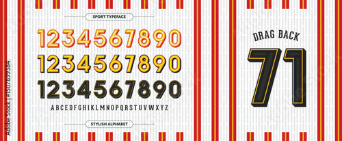 Drag Back 71: Sporty and stylish. Red-orange jersey stripes meet clean white and grey tones. Complete vector alphabet for custom team jerseys and athletic designs