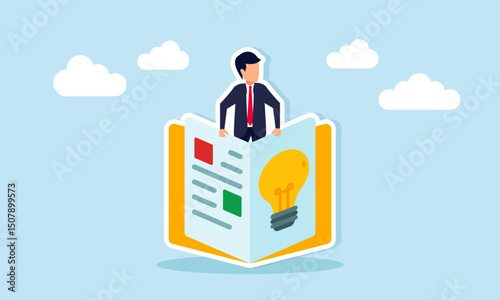 Businessman emerging from a guidebook with a lightbulb symbol illustration of guidelines for applying business ideas