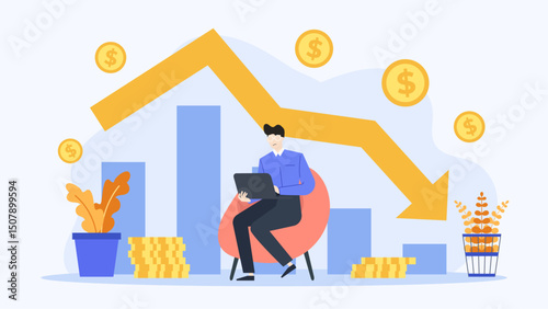 Man in chair with laptop, looking at declining graph. Suitable for business presentations, financial reports, economic analysis, and data analysis.