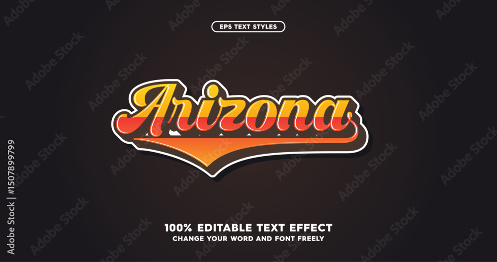 Arizona: A stylish baseball-inspired font effect. Fully editable text for a dynamic and sporty look. American baseball club, vibrant hot colors.