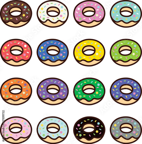 A set of colourful variations of sweet doughnuts, decorated with cute designs, Line art. / 甘いドーナツのカラフルなバリエーションセット 装飾 素材 かわいい ラインアート 線画