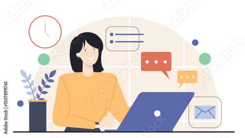Suitable for business blogs and articles. Depicts a woman multitasking with deadlines and communication. Perfect for time management concept.