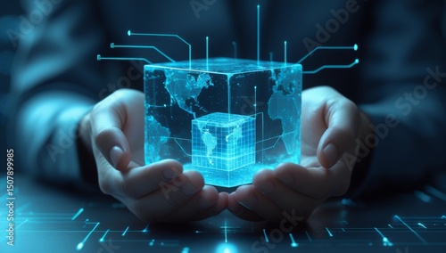 Hands holding a glowing digital cube showcasing a world map in a technology concept