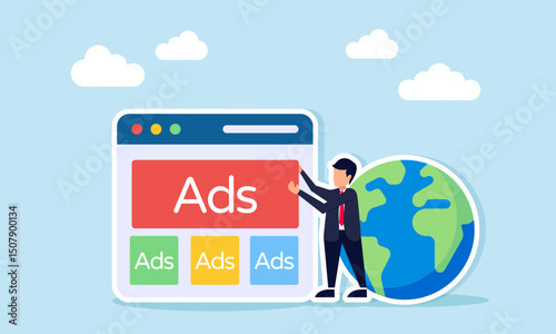 Businessman placing an ads sign on an app interface near a globe illustration of global advertising promotion strategy