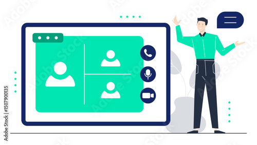 Man presenting green screen with icons, ideal for technology presentations, virtual meetings, and digital marketing concepts in design projects.