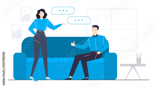 Woman and man at home on blue couch. Cozy domestic scene suitable for lifestyle, relationships, family, and home decor concepts.