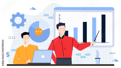 Two men analyzing data on a whiteboard, suitable for finance, business, teamwork concepts in presentations, websites, or marketing materials.