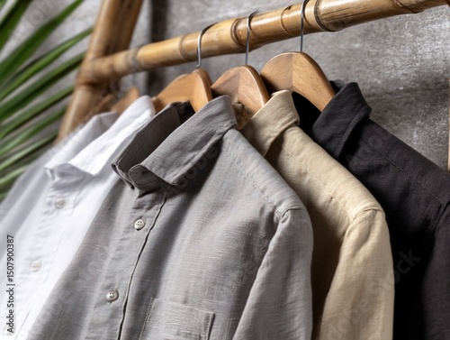 Four linen shirts of varying colors on a bamboo clothes rack