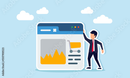 Businessman standing beside an app interface showing a graph and shopping cart sign illustration of monitoring and analyzing graph data for business marketing strategy