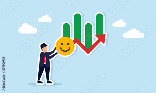 Businessman holding a happy emoticon with a rising chart illustration of increasing public market attention