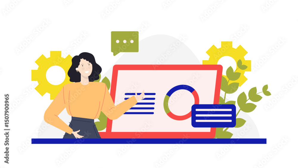 Obraz premium Woman presenting data on a whiteboard, suitable for business presentations, reports, educational materials, and corporate training visuals. Informative and professional.