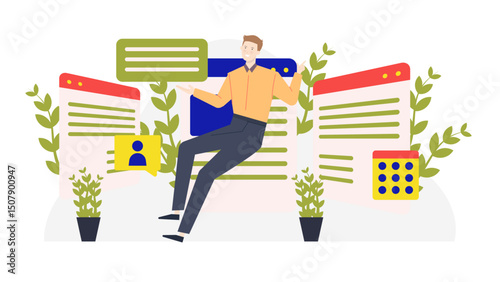 Man seated on a website surrounded by plants. Perfect for website design, web development, gardening blogs, ecofriendly content, nature related projects.