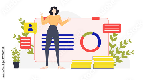 Ideal for business or education projects, a woman presents on a whiteboard with a chart and bars, illustrating data visually. Suitable for presentations or infographics.