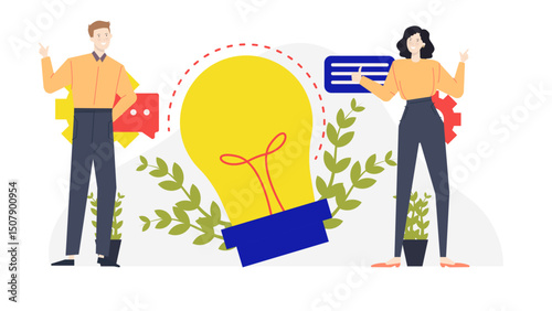 Two people creatively brainstorming with lightbulb and surrounded by plants, suitable for business ideas or environmental concepts imagery.